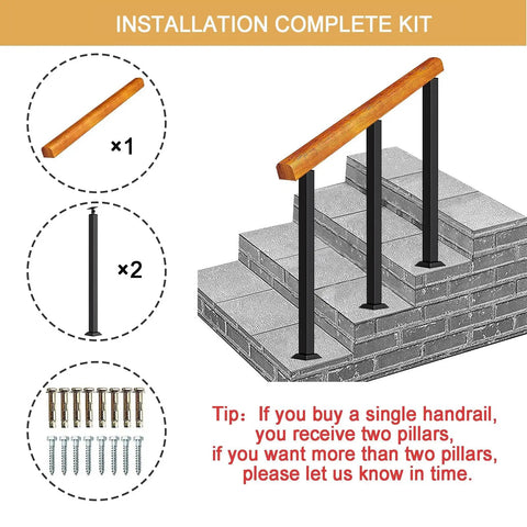 Adjustable Solid Wood Handrail For 3 To 4 Steps With Built Tough Floor Mounted Banister installation kit showing components on steps.