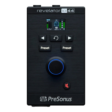 Front view of Ultra Compact USB C Audio Interface for Music Production and Streaming with built-in mixer and effects presets.