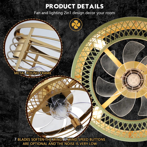 Top view of Gold Finish Caged Ceiling Fan With Light Remote Control Fandelier With Reversible Copper Motor 6 Speed Settings 18 Inch