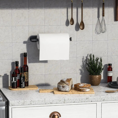 Adjustable Self Adhesive Paper Towel Holder Under Cabinet And Under Counter Wall Mount for Kitchen, shown in modern kitchen setup.