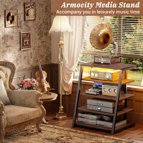 Rock Solid AV Media Stand With Zero Stress Assembly And Five Tier Adjustable Shelves For Stereo Racks And Compact Entertainment Centers A Total No Sweat Game Changer For Your Space, showcasing vinyl records, speakers, and a vintage turntable.