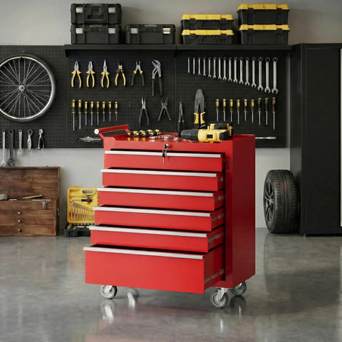 Heavy Duty Red Rolling Tool Chest On Wheels Locking Four Drawer Setup Full Extension Ball Bearing Drawers Cold Rolled Steel Shop Beast Pro Grade Corrosion Resistant in garage with tools.