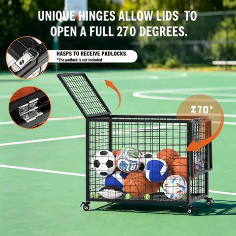 Smooth Rolling Ball Cart With Secure Lock And Hella Spacious Compartment For Garage Sports Gear Yoga Balls Basketball Storage Bin with 270° lid open.
