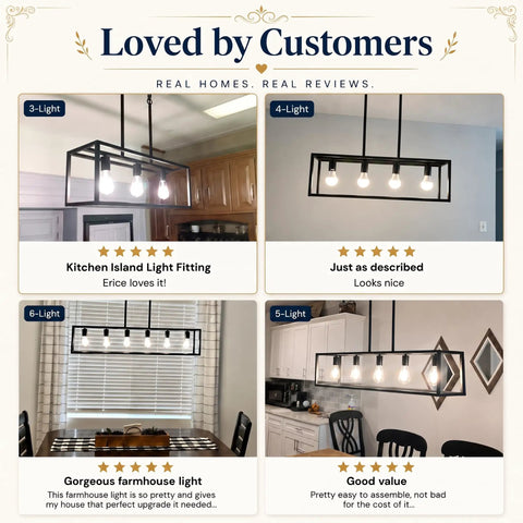 Review collage featuring Black Industrial Kitchen Island Light With 3 Light Linear Cage Chandelier in various settings.