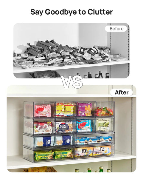 Before and after organization with Stackable Storage Drawers Set Of Six Clear Plastic Organizer Bins for pantry clutter.