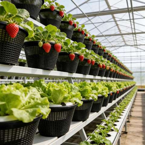 Rugged Hydroponic Net Cups And Heavy Duty Plant Holders For Indoor And Outdoor Gardens with strawberries in mesh pots