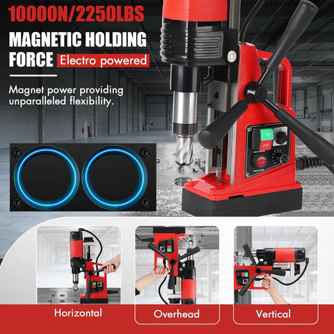 11 Piece Portable Magnetic Drill Press Set With Core Bits For Metal Surface 1.6 Inch Max Drilling Diameter showing magnetic drill in various positions.