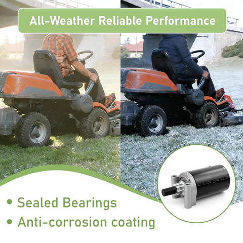Beefed Up Replacement Starter For 20-27HP Engines In 7000 Series KT715 KT745 with 9 teeth gear shown by lawn tractor and starter.