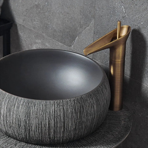 Handmade Ceramic Vessel Sink And Pedestal Basin Combo With Faucet, Sick Modern Bathroom Vanity, Heavy Duty Porcelain Sink, close-up with bronze faucet.