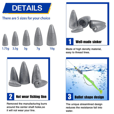 Bullet Fishing Sinkers Set 29 Pieces With Five Sizes including close-up of weights and description of features for bass and freshwater fishing.