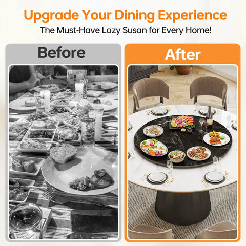 Smooth Operator 35.5 Inch Lazy Susan Turntable With Grip Tight Non Slip Base Heavy Duty Silent Spin Serving Tray For Kitchen Or Living Room glossy black before and after dining setting