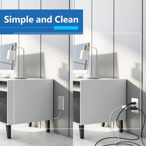 Slick Low Profile Flat Face Outlet Extender With Three Receptacles And Three Foot Power Cord Ultra Thin Build, installed behind furniture.