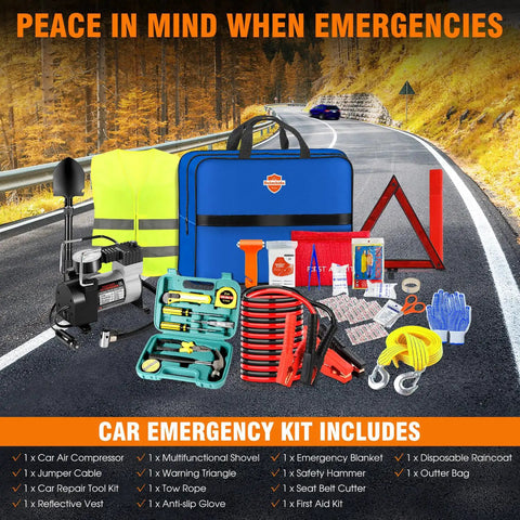 Roadside Emergency Kit For Cars And Trucks With Air Compressor Jumper Cables First Aid Kit Winter Survival Essentials displayed on road