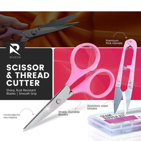 Pink scissors and thread cutter from All In One Handy 7 Piece Seam Ripper Kit With 2 Large Rippers Including Classic And Ergonomic 2 Small Rippers Thread Cutter Scissors And Measuring Tape For Sewing Notions Quilting And Craft Projects Durable Sharp Ergonomic Handles.