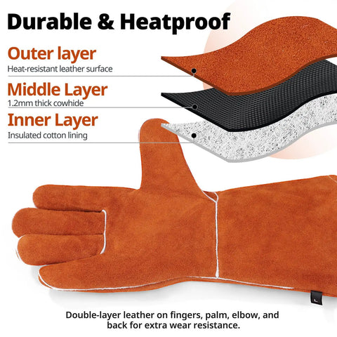 Heavy Duty 14 Inch Welding Gloves Heat Resistant Leather For Welding Fire Pit Campfire BBQ Grilling Oven Baking Mig Tig Stick Gear Gift For Dudes And Pros showing layers
