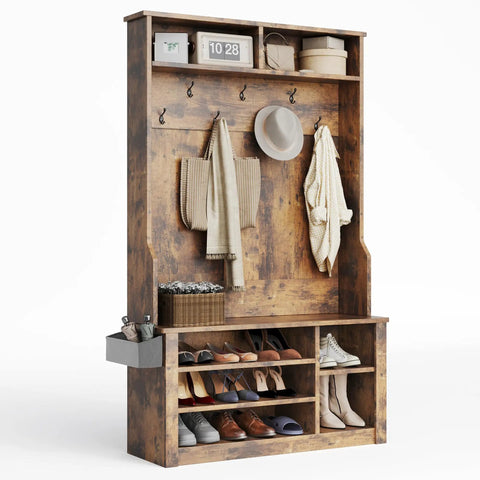 Entryway Hall Tree With Bench And Storage 3 In 1 Coat Rack And Shoe Storage 2 Tier Top Storage Rustic Brown Space Saver