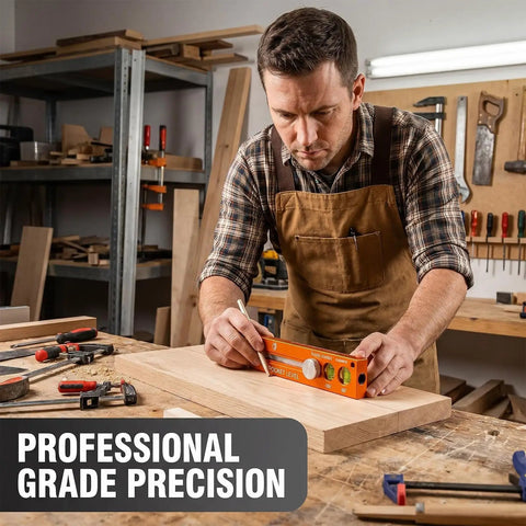 Nailed It 4-In-1 Aluminum Marking Level Ruler With Dual Industrial Magnets, Sliding Depth Gauge, And Flexible Angle Finder For Swift Woodworking And Carpentry Jobs in use on woodworking project.