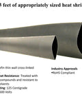 Close-up of 3 ft black heat shrink tubing from 2/0 Gauge Welding Battery Cable Kit with specifications and approvals shown.