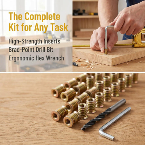 Heavy Duty Threaded Wood Insert Kit With Solid Hex Drive Metal Nuts For Secure Fastening In Cabinets Tables And General Furniture Woodworking Projects That Look And Feel Totally Rad And Built To Last. threaded inserts, drill bit, hex wrench, wood panel