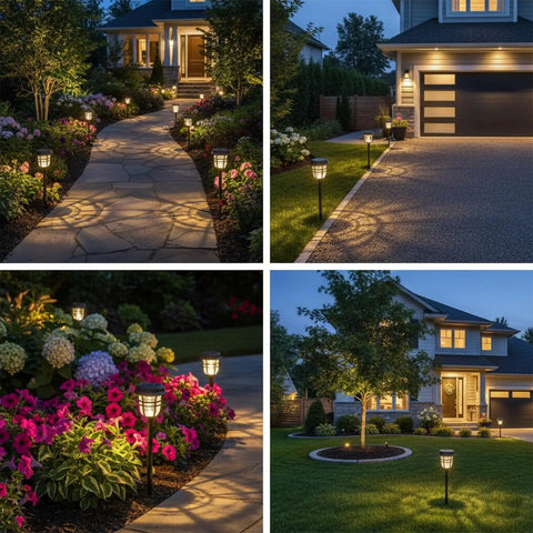 Solar Pathway Lights Outdoor Waterproof IP65 No Fuss Dual Lighting Modes Warm White And Cool White LED Garden Lights illuminating a walkway at night