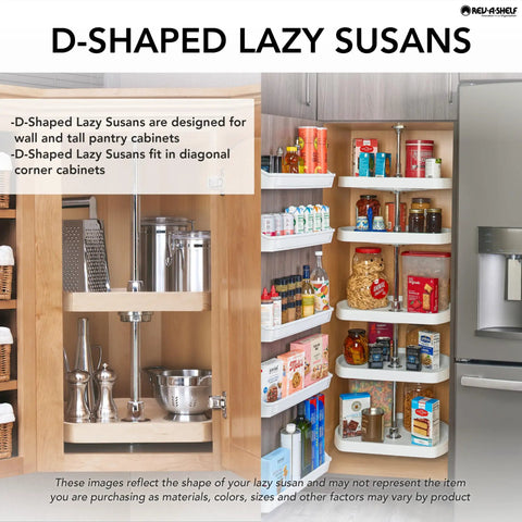 Top Shelf Wood Five Shelf D Shaped Lazy Susan With Slick Chrome Spin Hub And Heavy Duty Telescoping Post For Nailed Down Cabinet Pantry Setup All Day Long in a kitchen cabinet.