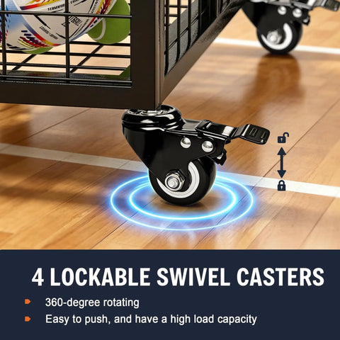 Close-up of smooth rolling ball cart's 4 lockable swivel casters on a wooden floor, highlighting mobility and stability.