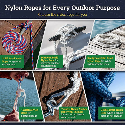 Collage of nylon ropes for various outdoor uses including twisted and braid options for boating, towing, and white rope applications.