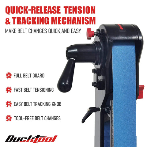Side view of Combo 2x42 Inch Belt Sander and 6 Inch Bench Grinder Knife Sharpener With Large Work Table Upgraded BG2600 Model showing tension mechanism.