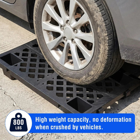 Heavy Duty Plastic Pallet Set 23.6x15.8x3.9 Inch Stackable Interlocking Storage Platform under car wheel on concrete