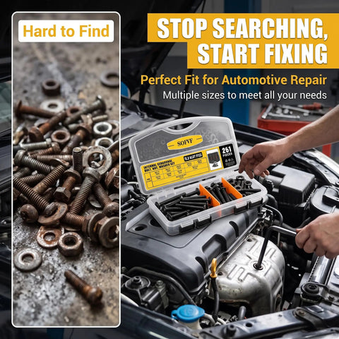 All In One M6 10.9 Grade Alloy Steel Hex Socket Bolts Nuts Washers Kit 261-Piece Fastener Set in use during car repair