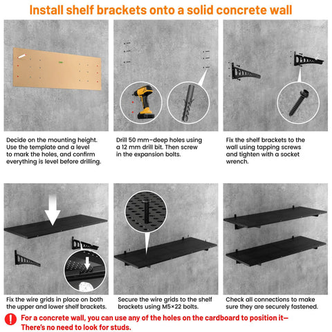 Installation guide for 2-Pack Heavy Duty Wall Shelves 2x3ft, 500 Lb Capacity Garage Wall Mounted Shelving Racks on concrete wall.