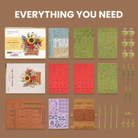 3D Wooden Bloom Box Puzzle Desktop Bouquet Kit For Adults, Intricately Carved Flowers, kit components displayed on table