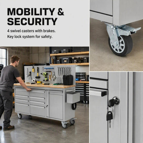Heavy Duty Rolling Tool Chest With Ball Bearing Slides And Rock Solid Steel Workbench Storage Rack shown with 4 swivel casters and key lock system.