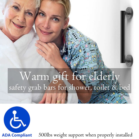 Glacier Collection 16 Inch Stainless Steel Bath Grab Bar Designer Safety Bar Matte Black Sleek Design ADA Compliant 500 Lb Load Capacity For Shower Or Tub Non Slip Comfort Grip And Easy Mount Durable Finish Built To Last visible near elderly person with caregiver