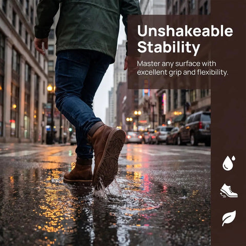 Person walking on wet street with brown boots, showcasing 2 Pack Heavy Duty Rubber Sole Replacement Patches For Work Boots And Casual Sneakers Straightforward Home Do It Yourself Swap No Specialty Gear Needed To Fix Up Worn Out Kicks.