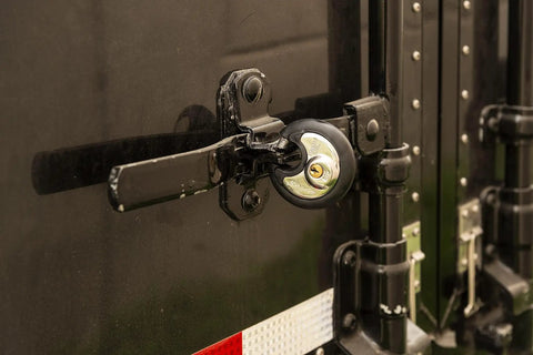Beefy Commercial Stainless Discus Padlock Keyed 70 mm 4 Pin Cylinder Black Heavy Duty Security Lock on a truck latch