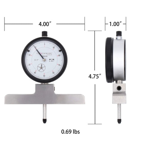Dial Depth Gauge Kit With 0 To 1 Inch Base And 1 To 7 Inch Extensions Including Six Extensions, 0.001 Inch Precision, front and side view.