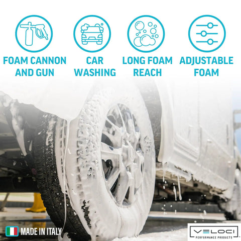 Car being washed with PF22 Foam Cannon And SG28 Trigger Gun Kit For Pressure Washer, Pro Grade Car Wash System, Made In Italy