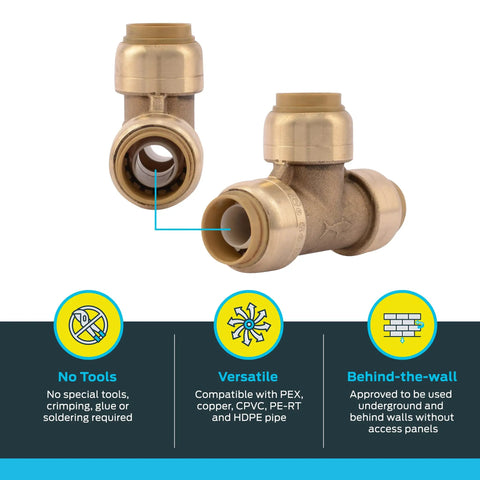 Half Inch Push To Connect Brass Tee Fitting For PEX Copper CPVC PE-RT HDPE Piping, shown with plumbing details and icons.