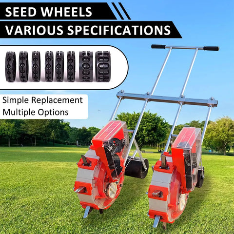 Adjustable Double Row Garden Seeder Planter for hand push seeding tool with red design and interchangeable wheels in garden setting.
