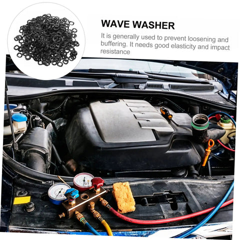 Spring Wave Washers Kit 500 Pieces Compression Type Wave Washers For Electrical Connections Automotive Use Steel Wave Design For Tight Load And Space Saving Gasket Set, black washers in a car engine bay