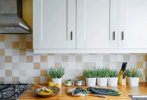 White kitchen cabinets with oil rubbed bronze handles, showcasing a modern look with potted plants and cooking items on the counter.