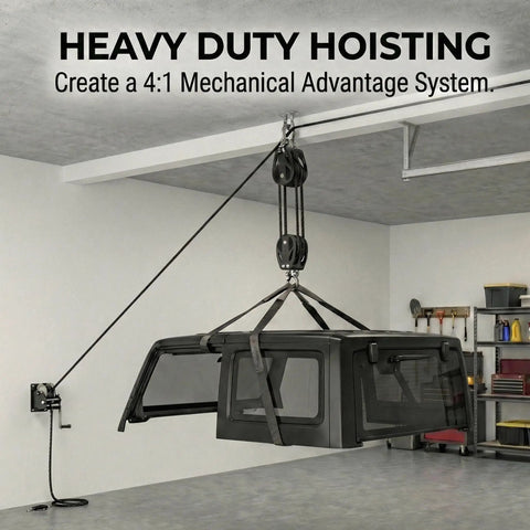 Double Pulley Block 50mm With 316 Stainless Steel Heavy Duty 880 Lb Capacity Silent Nylon Wheels hoisting a garage panel.