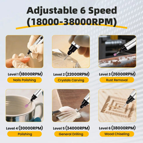 Adjustable 6-speed rotary engraving pen at 18000-38000 RPM for diverse tasks like nail polishing and wood chiseling. Get Your Creative Gears Turning With This Badass 6-Speed Rotary Engraving Pen Featuring 41 Premium Bits And UsbC Rechargeable Power For Smooth Wood Carving Metal Etching And Diy Crafting Projects That Nail It Everyday.