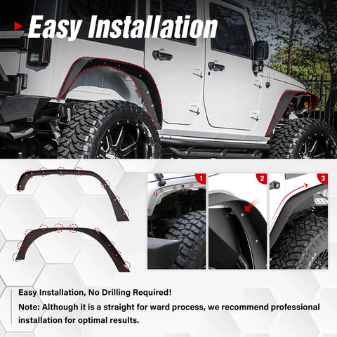 4 Piece Flat Style Fender Flares Kit For Jeep Wrangler JK JKU Unlimited 2007 To 2018 installed on vehicle