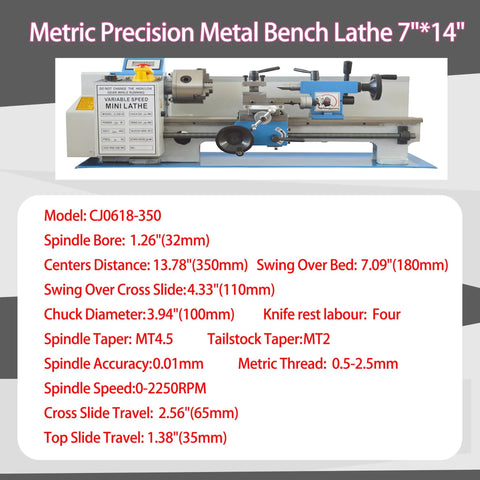 Heavy Duty 7X14 Inch Mini Metal Lathe With Variable Speed Control And Brushless Motor, showing specifications and details.