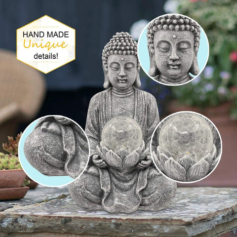 Dope Zen Solar Buddha Statue With Cracked Glass Ball Light for Outdoor Garden Decor, handcrafted details in close-up view