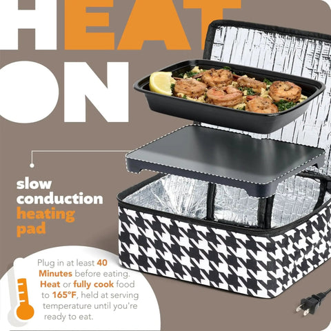 Mini Heated Lunch Box Portable Electric Warmer with food tray, houndstooth design, for work and on the go, 120V plug-in.