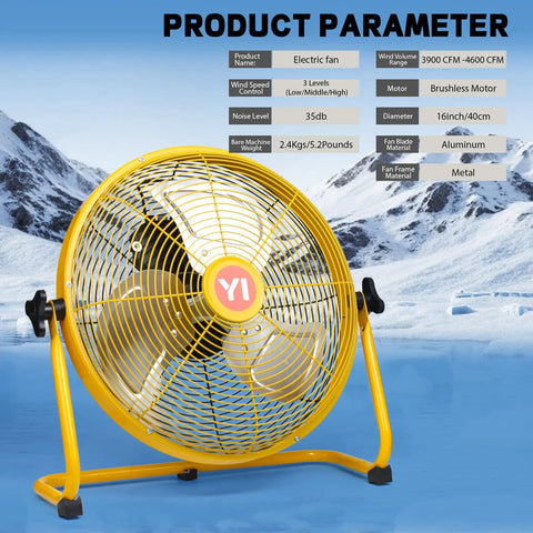 Yellow 16 inch high velocity cordless floor fan with 20V max battery compatibility, 3 speed, portable metal industrial fan