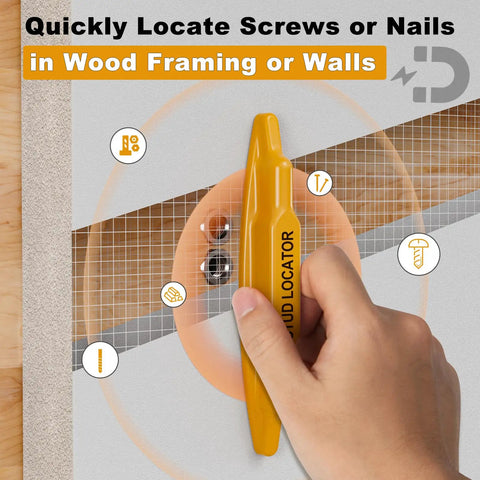 Top Shelf Magnetic Stud Finder With No Batteries Needed Fast And Dead On Way To Spot Screws Nails and Wood Metal Framing Hidden In Drywall Or Lumber Walls For Weekend DIY Builds That Really Deliver The Goods, shown locating screws in drywall.